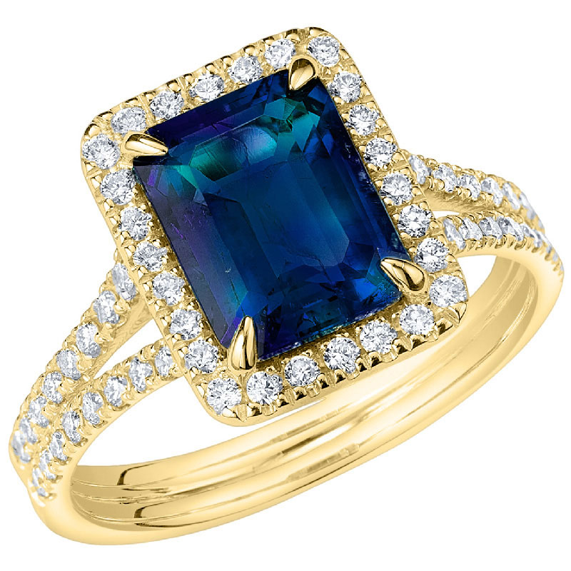 Zlatý halo prsteň s emerald lab-grown alexandritom a diamantmi Billy 137371