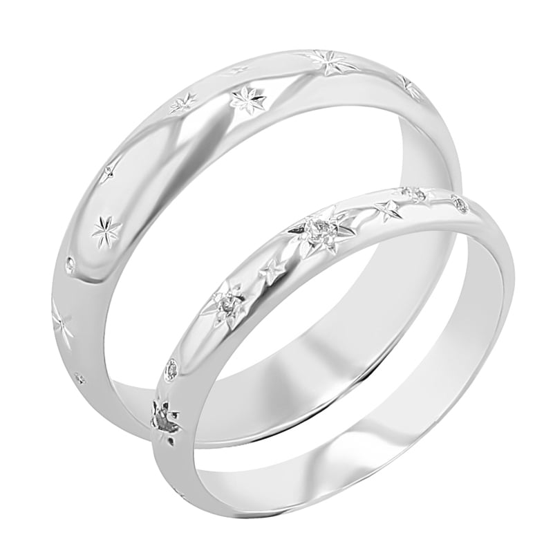 Platinové snubné prstene s ručnou rytinou hviezd a diamantmi Devin