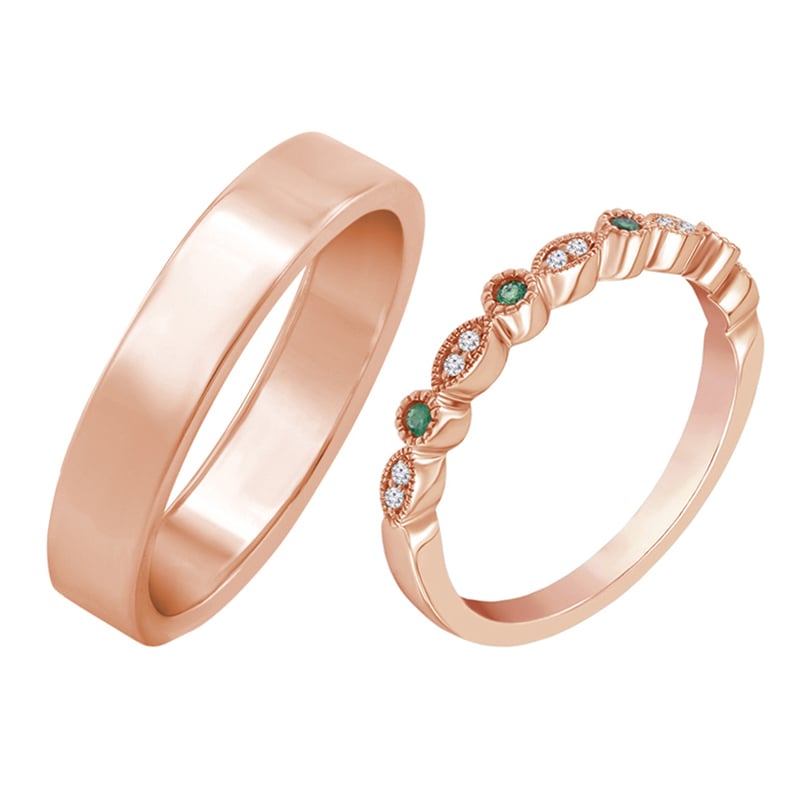 Zlatá eternity obrúčka so smragdmi a diamantmi a plochý prsteň 58602
