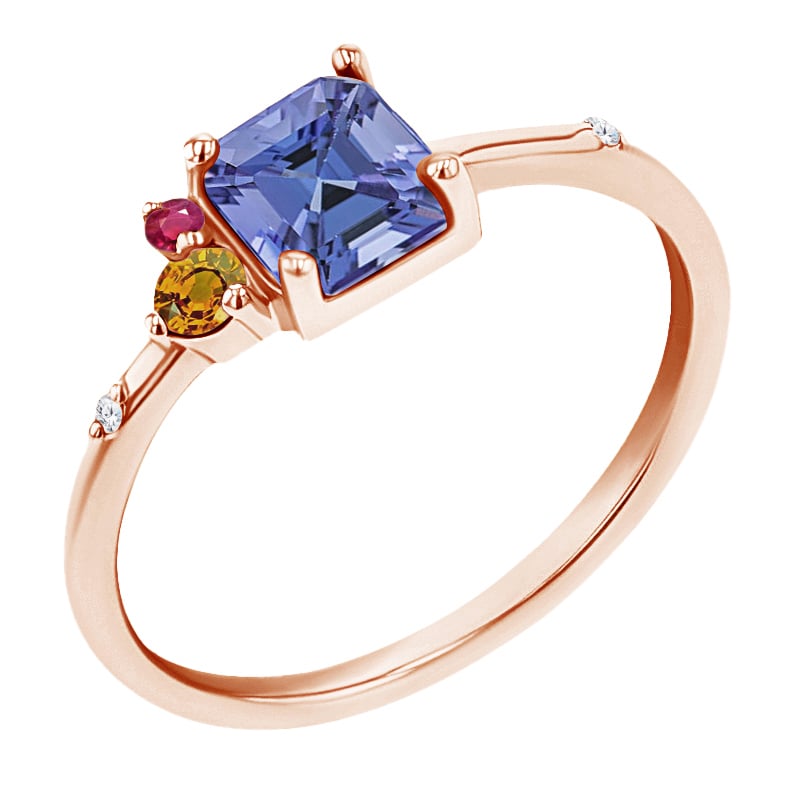 Cluster prsteň s asscher tanzanitom, padparadscha zafírom, rubínom a diamantom Esme 123183