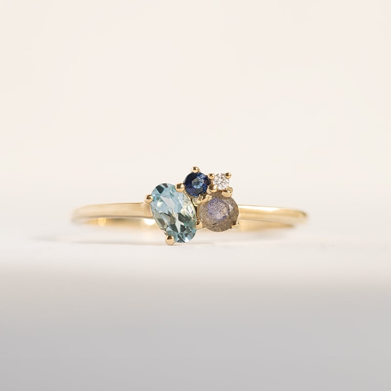 Cluster prsteň s akvamarínom, labradoritom, zafírom a diamantom Merche 145057