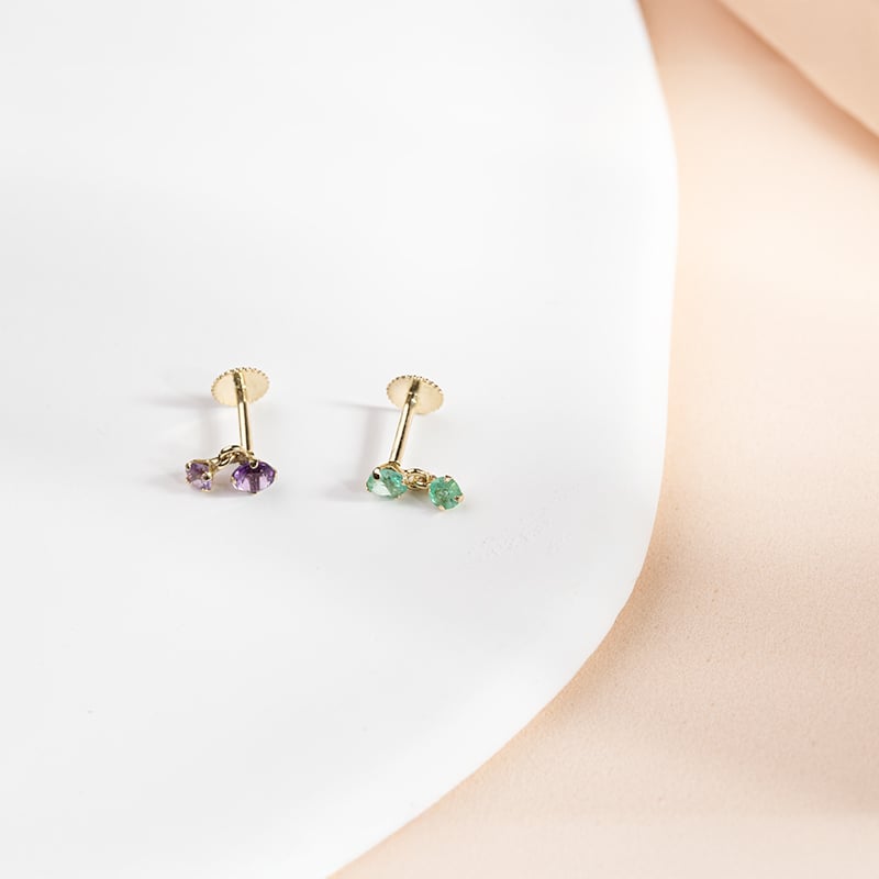 Zlatá piercing náušnice s ametystmi Dyre