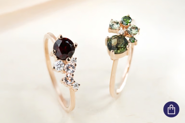 Cluster prstene s vltavínmi a granátmi