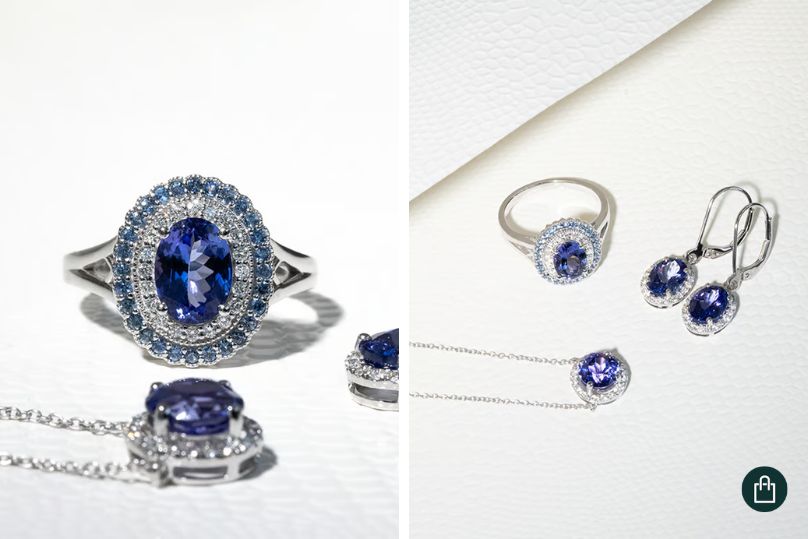 Kolekcia tanzanitových šperkov – prsteň, prívesok a náušnice s diamantmi a zafírmi