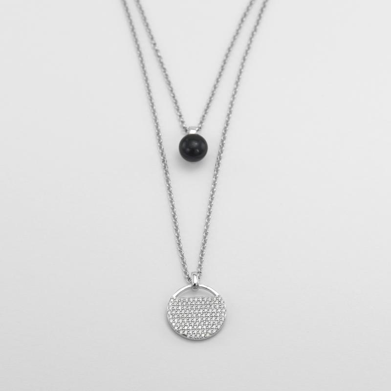 Strieborný náhrdelník s čiernou perlou a zirkónmi 51710