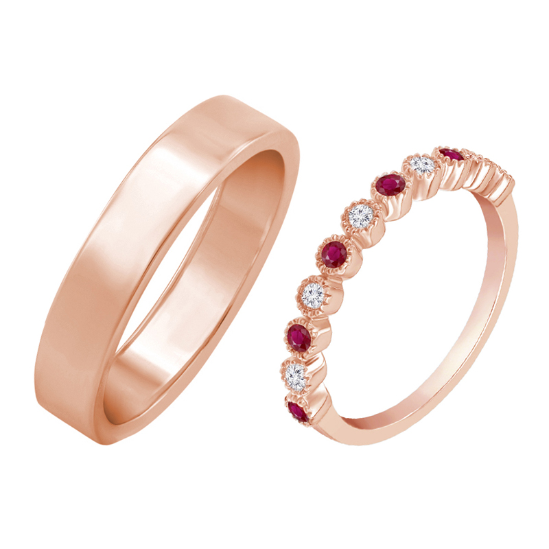 Svadobné prstene s eternity obrúčkou s diamantmi a rubínmi a plochým pánskym prsteňom 58610