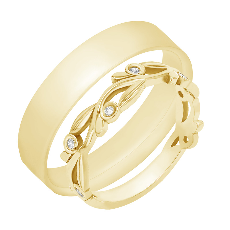 Dámský prsteň v tvare lístočkov s diamantmi a pánský plochý prsteň zo žltého zlata 78990