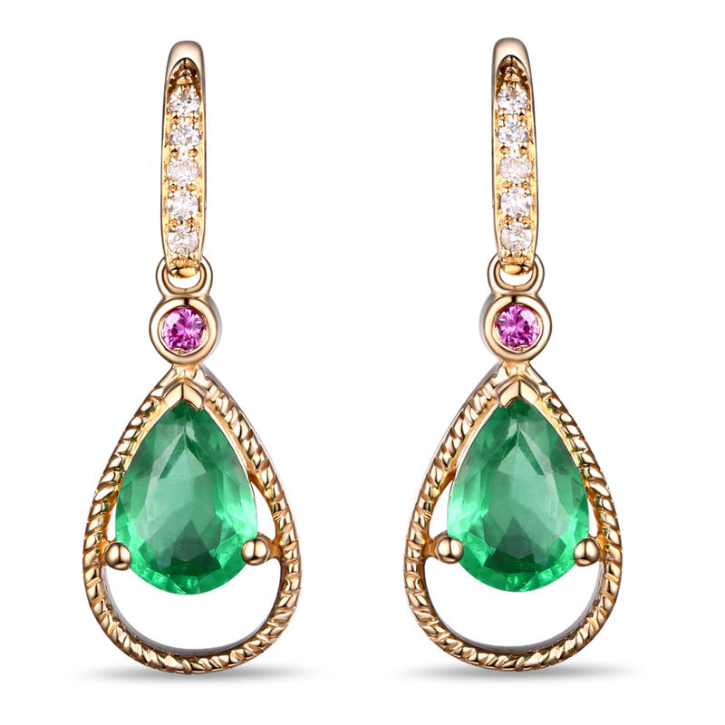 Zlaté smaragdové náušnice s rubínmi a diamantmi Tania 8540