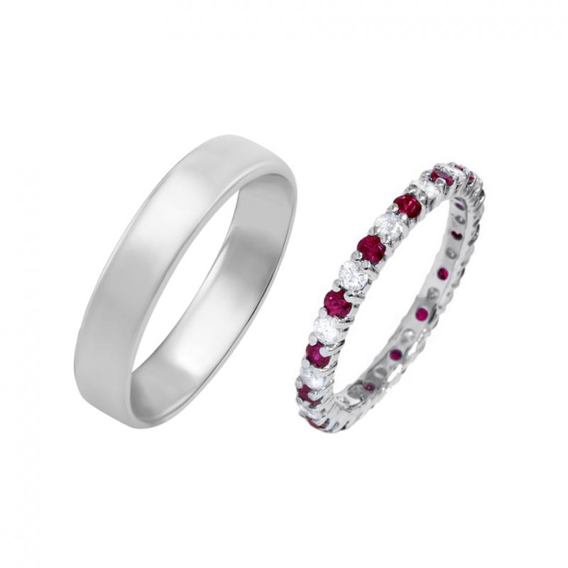 Zlatý eternity prsteň s rubínmi a diamantmi a pánsky komfortný prsteň Zerafino 36671