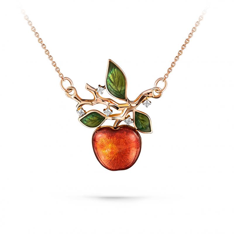 Zlatý diamantový náhrdelník s jablkom a enamelom