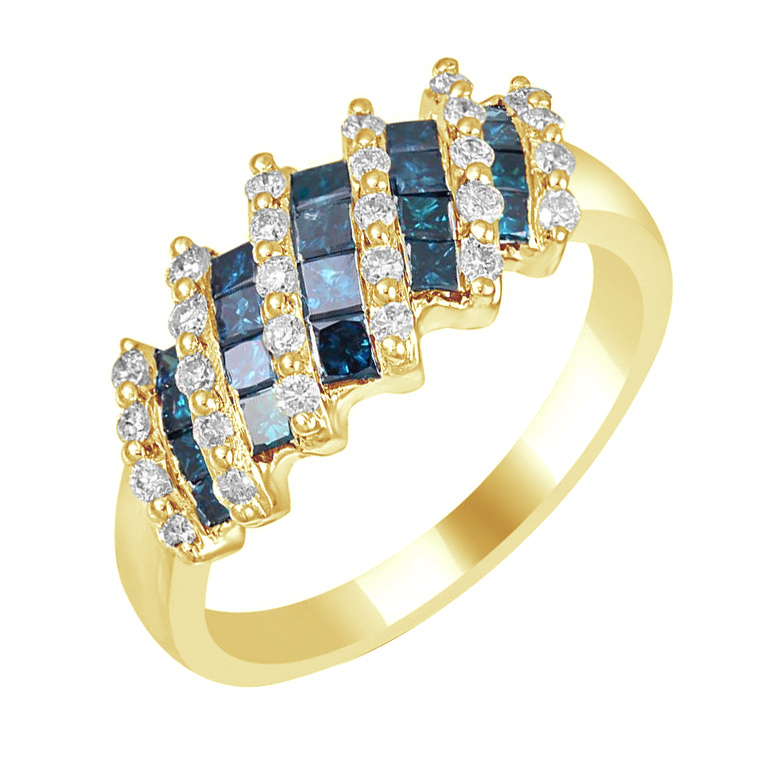 Zlatý prsteň s modrými a bielymi diamantmi 79041