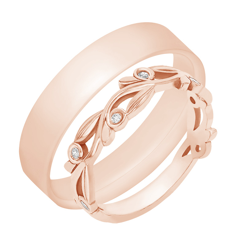 Dámský prsteň v tvare lístočkov s diamantmi a pánský plochý prsteň z ružového zlata 78992