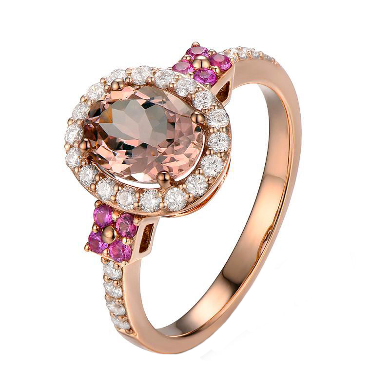 Romantický prsteň s oválnym morganitom, zafírmi a diamantmi