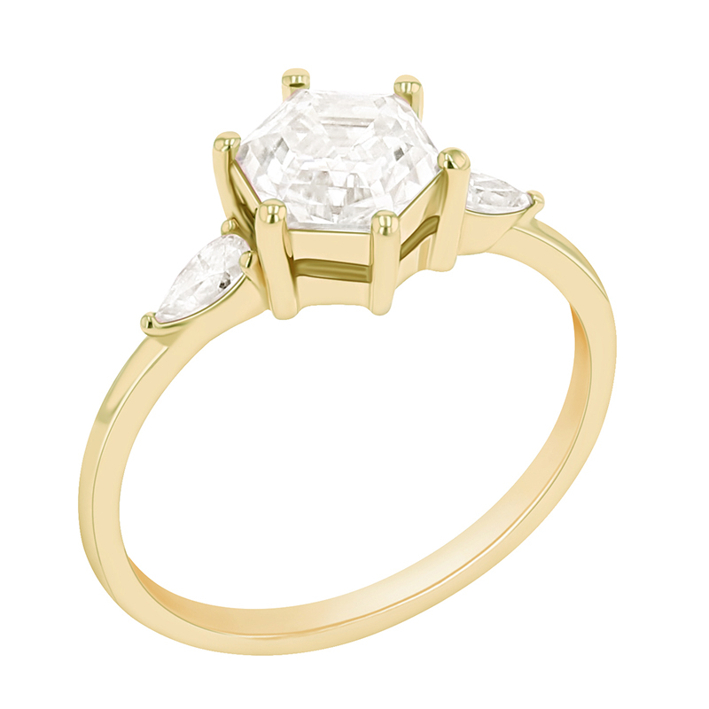 Zásnubný prsteň s hexagon moissanitom a pear diamantmi zo žltého zlata 90102