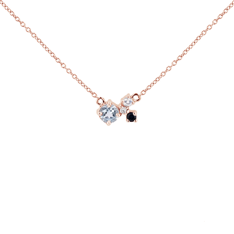 Strieborný cluster náhrdelník s akvamarínom, zafírom, mesačným kameňom a diamantom M