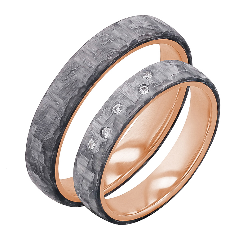 Mierne zaoblené snubné prstene z karbónu a zlata s diamantmi Rami