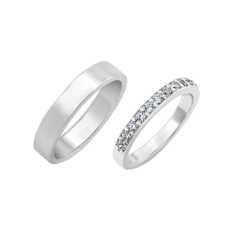 Svadobné prstene s eternity obrúčkou a plochým pánskym prsteňom Damla