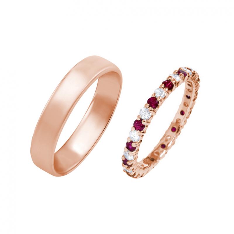 Zlaté svadobné prstene s eternity prsteňom a pánskym komfortným prsteňom