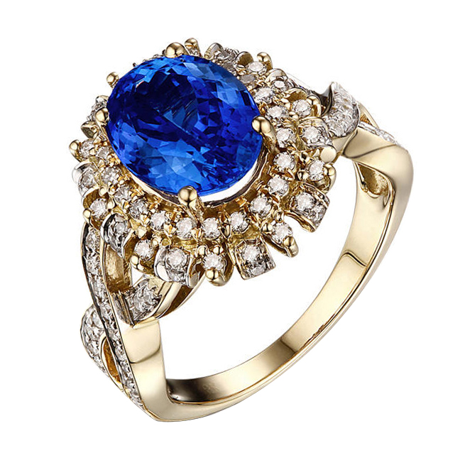 Honosný zlatý prsteň s oválnym tanzanitom a diamantmi Mai 59783