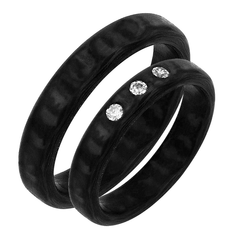 Ploché karbonové snubné prstene so skosenými hranami a diamantmi Kelcey