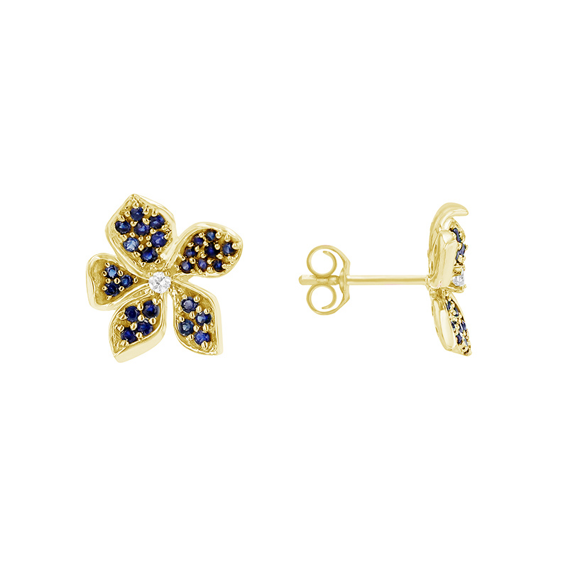 Kvetinové náušnice so zafírmi a diamantmi zo žltého zlata 83073