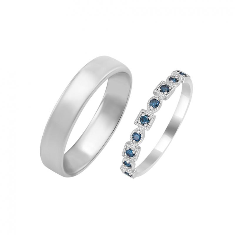 Svadobná vintage obrúčka s modrými diamantmi a komfortný prsteň
