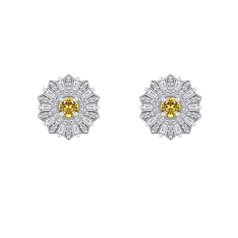 Náušnice v tvare kvetiny s diamantom a žltým zafírom