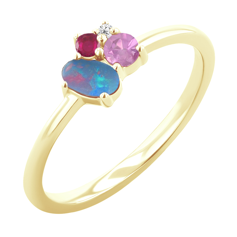 Zlatý cluster prsteň s opálom, rubínom, zafírom a diamantom Merche 121555