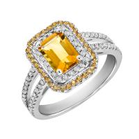 Krásny citrín obklopený diamantmi v zlatom prsteni Elette