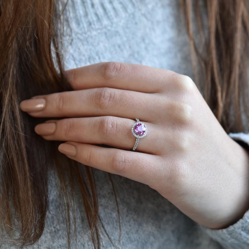 Zlatý halo prsteň s ružovým zafírom 39585