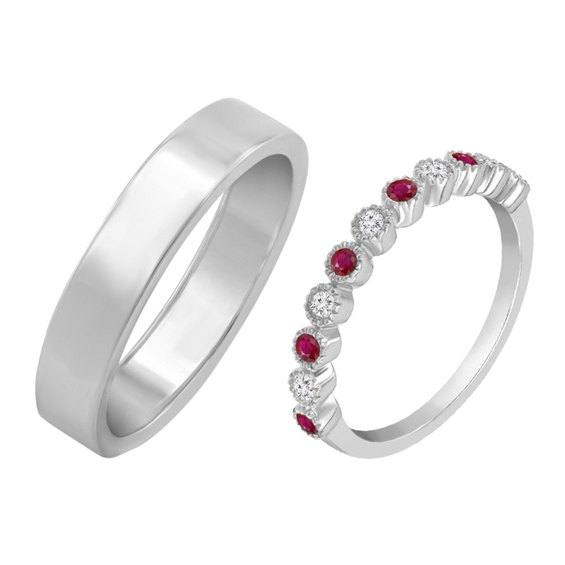 Svadobné prstene s eternity obrúčkou s diamantmi a rubínmi a pánskym prsteňom