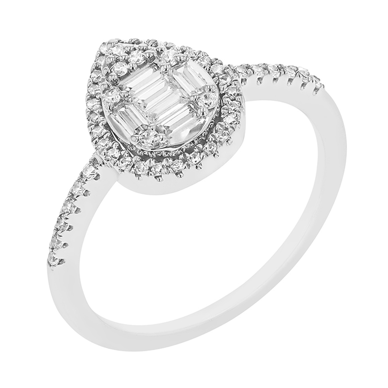 Trblietavý diamantový prsteň v tvare kvapky z bieleho zlata