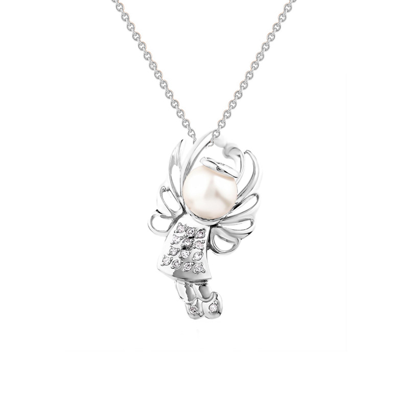 Strieborný anjel v náhrdelníku s perlou a lab-grown diamantmi Angelo