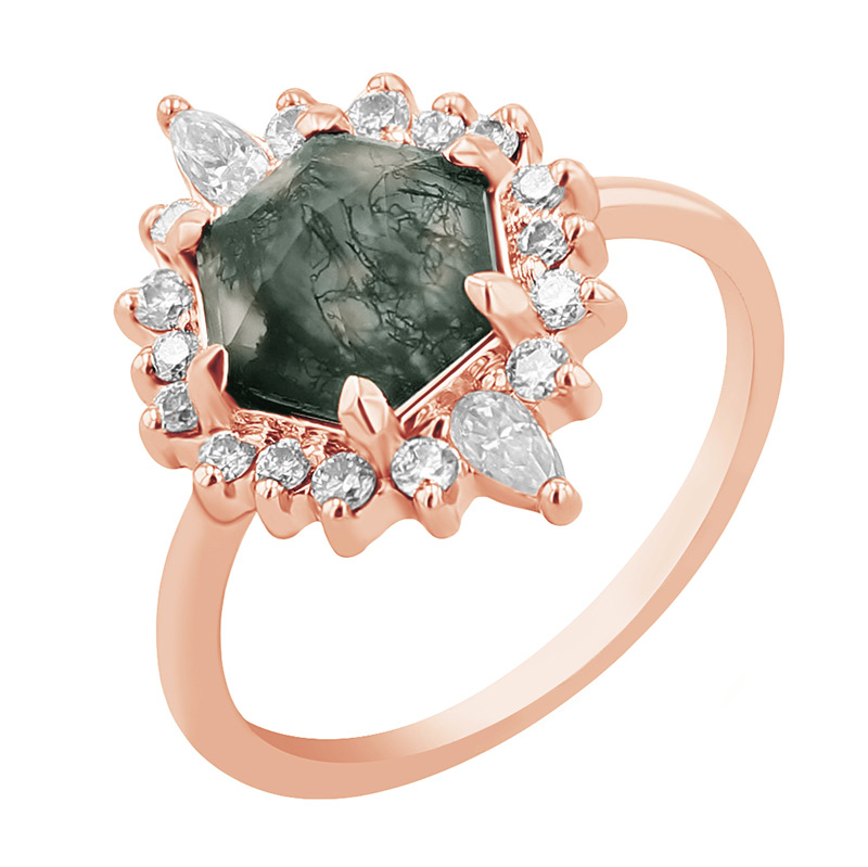 Elegantný prsteň s machovým achátom a moissanitmi Rikki 114586