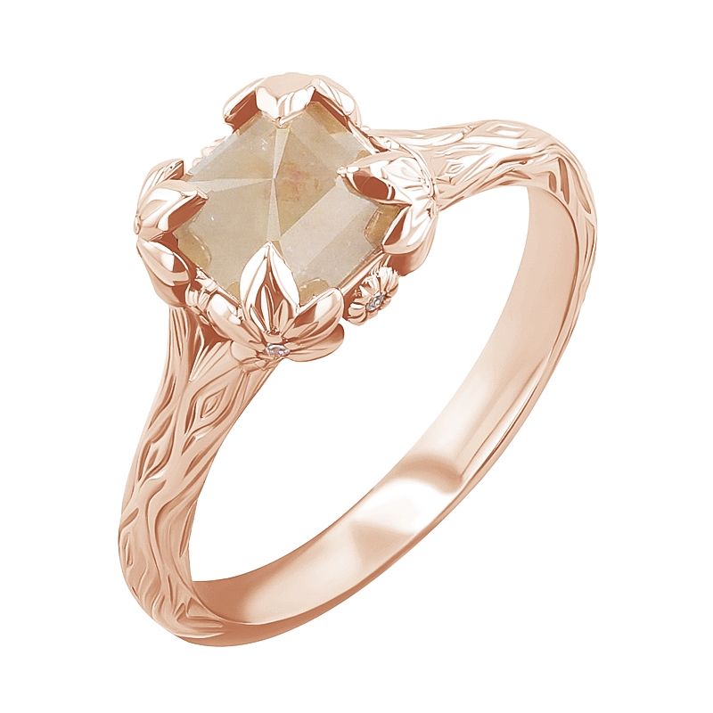 Zlatý prsteň so salt and pepper diamantom a ručne rytými kvetinami Floral