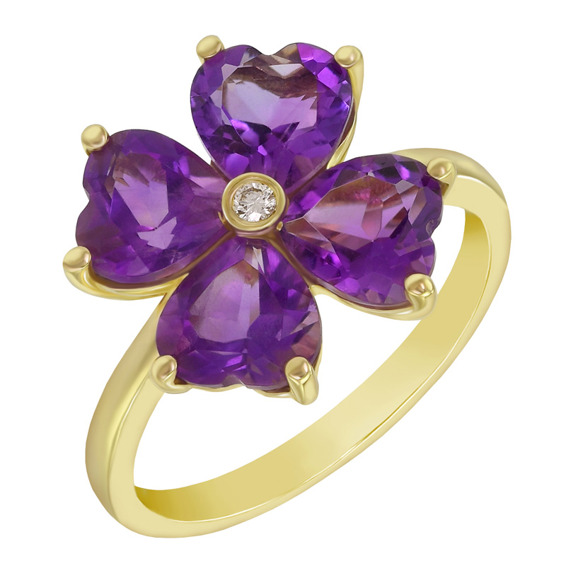 Zlatý prsteň s kvetom z ametystov a diamantom