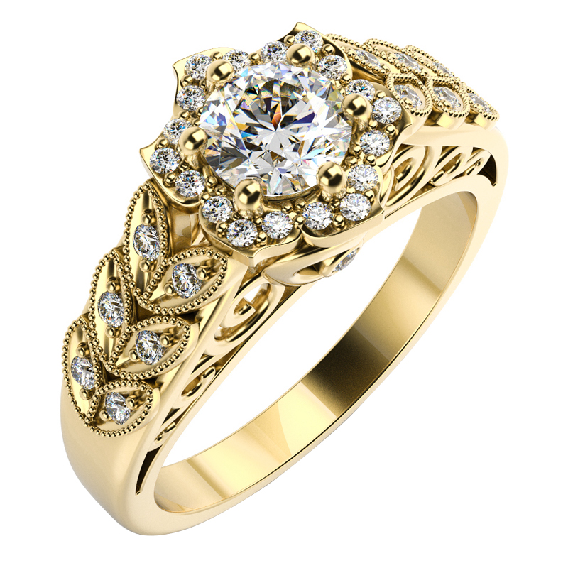 Zlatý halo prsteň s lístočkami plnej diamantov Cloe