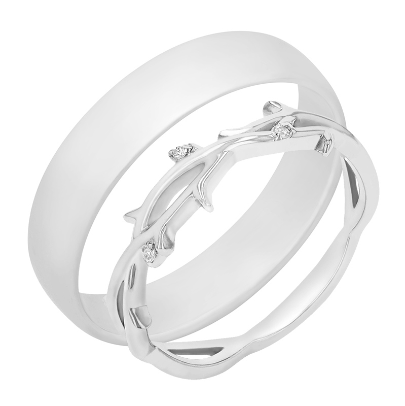 Dámsky snubný prsteň v tvare vetvičiek a pánsky komfortný prsteň z bieleho zlata
