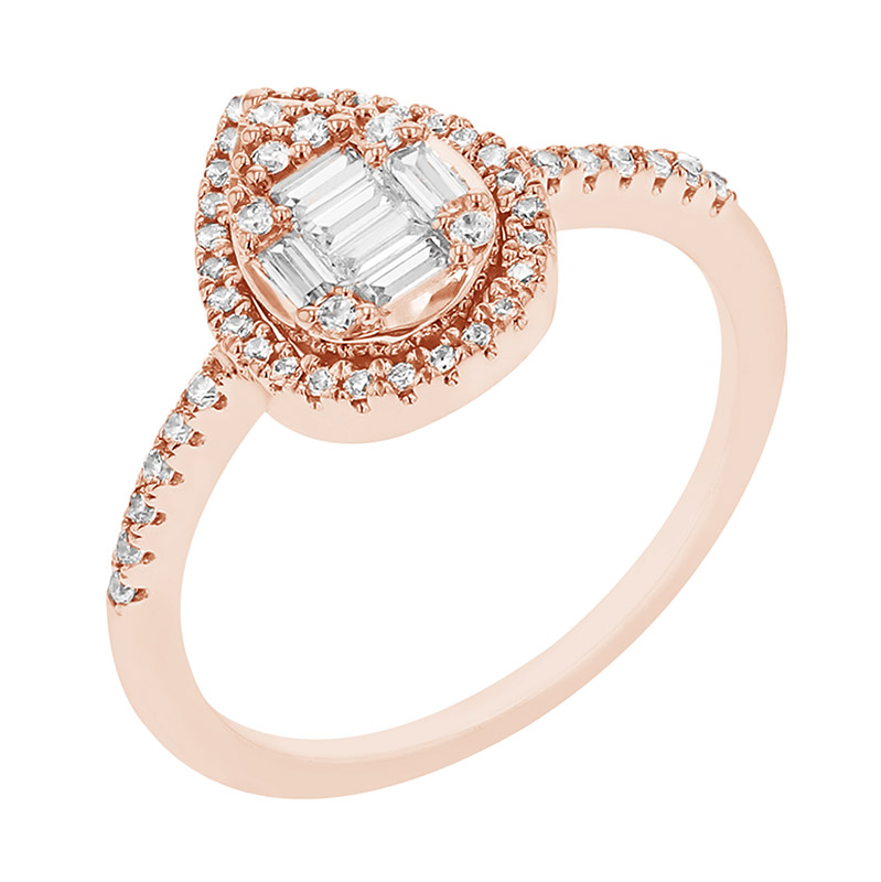 Trblietavý diamantový prsteň v tvare kvapky z ružového zlata 79706