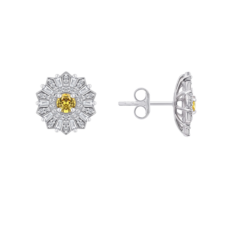 Náušnice v tvare kvetiny s diamantom a žltým zafírom zo zlata 92046