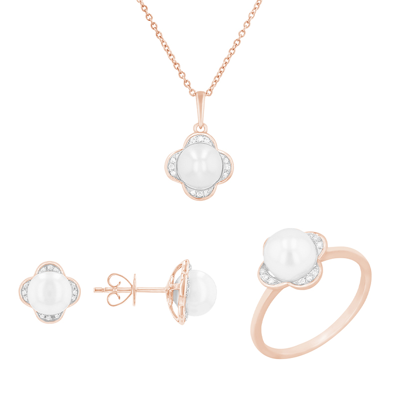 Zlatá perlová kolekcia s diamantmi v tvare kvetín Sama