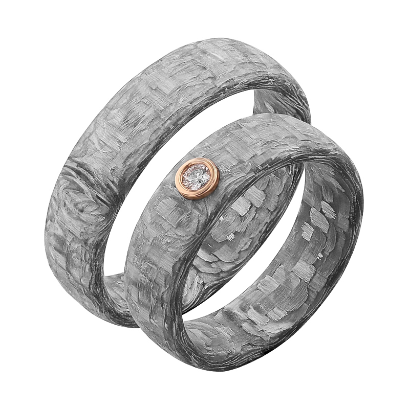 Mierne zaoblené snubné prstene z karbónu s diamantom Vlad