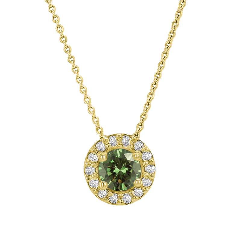 Zelený diamant v halo zlatom náhrdelníku