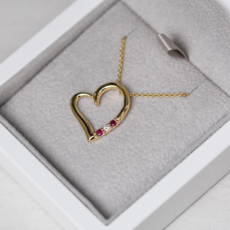 Zlatý náhrdelník srdce s rubínmi a diamantom 49157