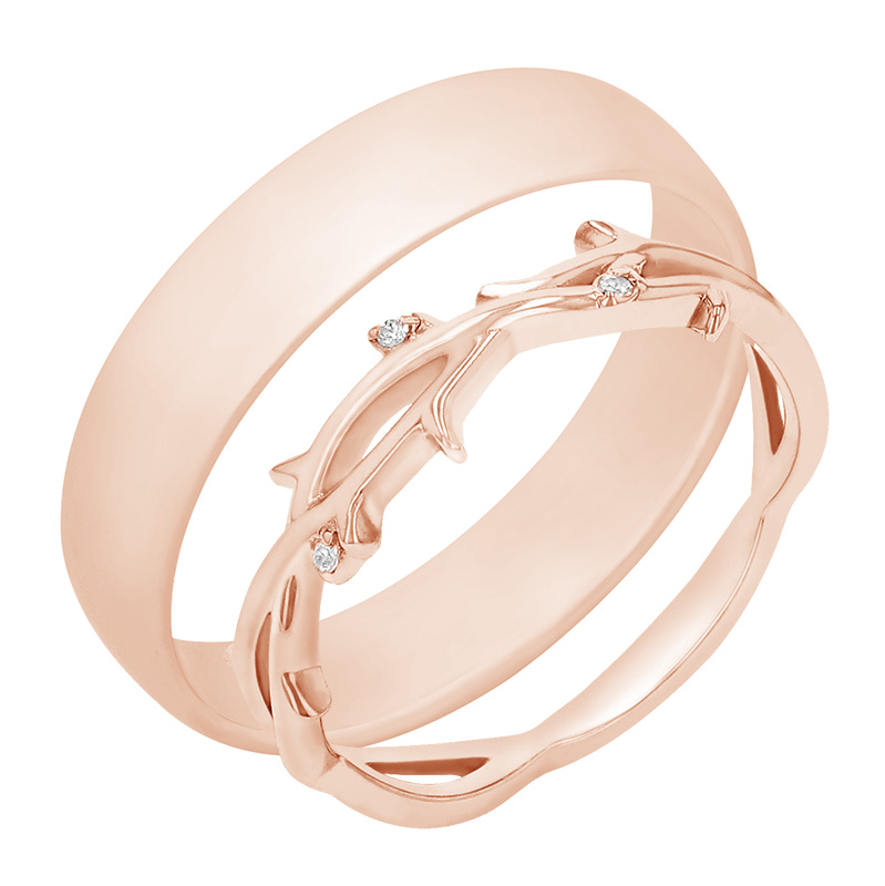 Dámsky snubný prsteň v tvare vetvičiek a pánsky komfortný prsteň z ružového zlata 78997