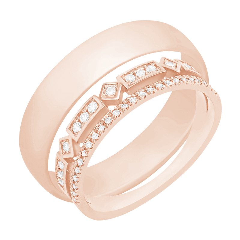 Dámská diamantová snubná obručka a panská plochý prsteň z ružového zlata