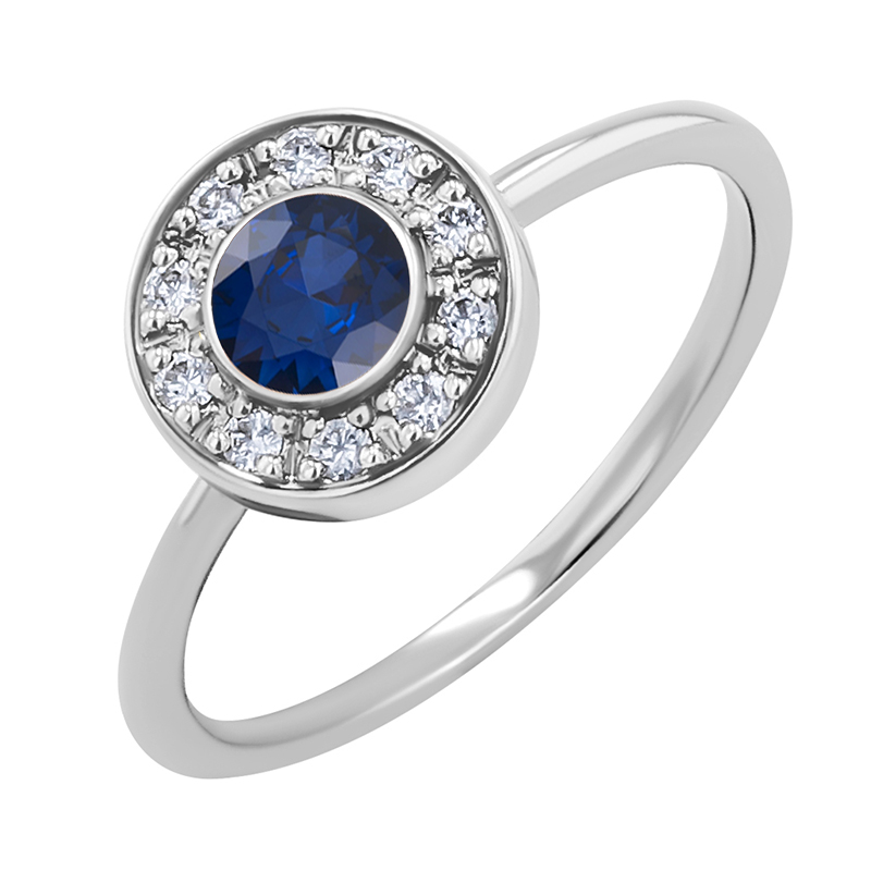 Zásnubný diamantový prsteň v halo štýle s modrým zafírom Aiva 129398