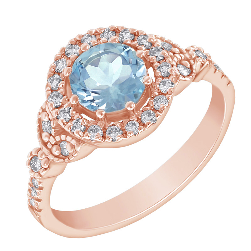 Zlatý zásnubný halo prsteň s akvamarínom a diamantmi