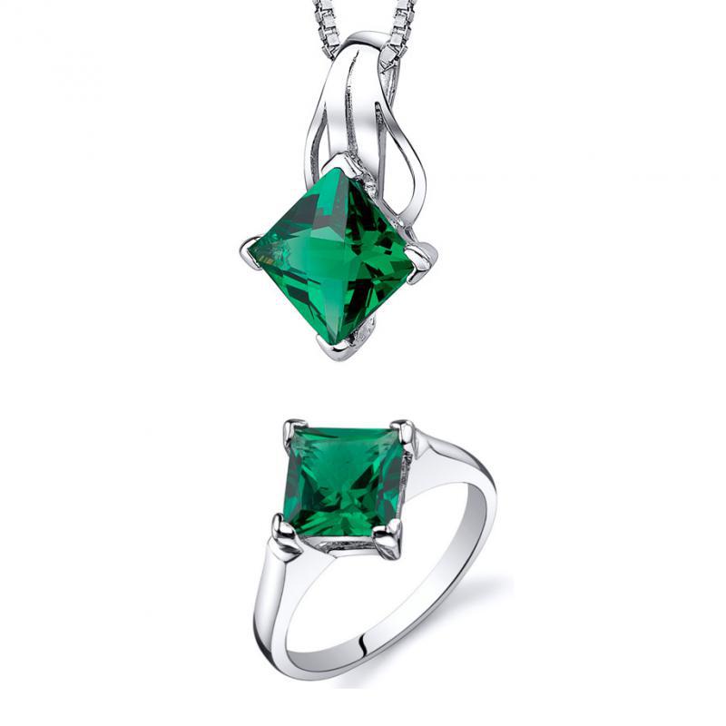 Strieborná smaragdová kolekcia náhrdelníku a prsteňa Bliss