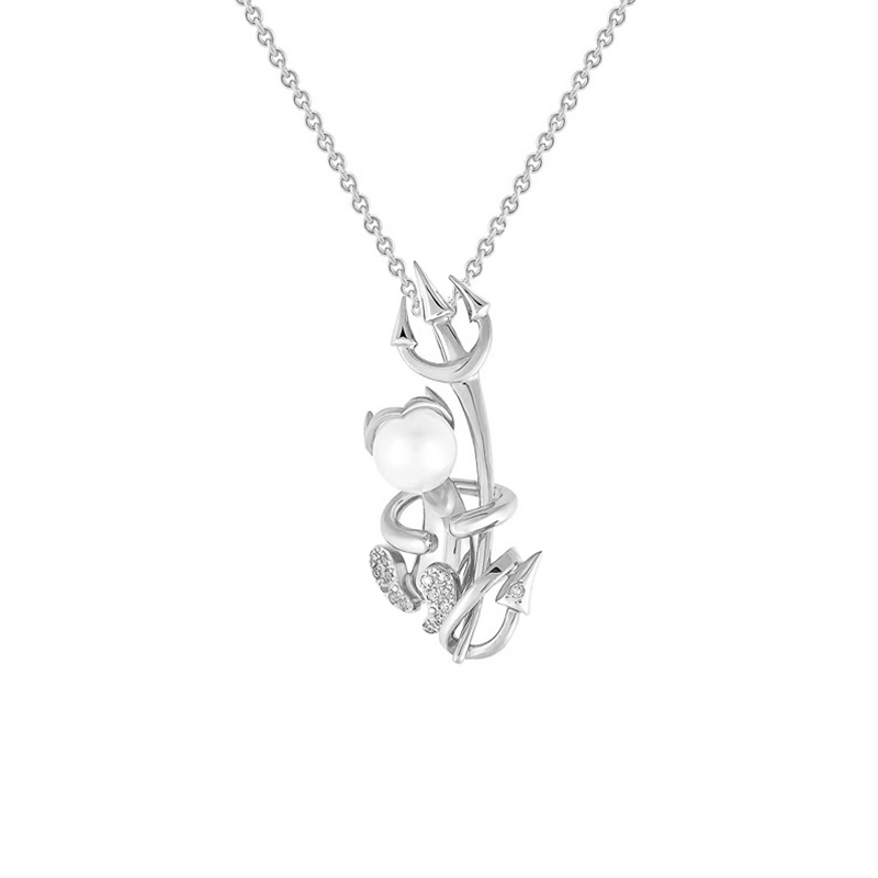 Strieborný čert v náhrdelníku s perlou a lab-grown diamantmi Devil